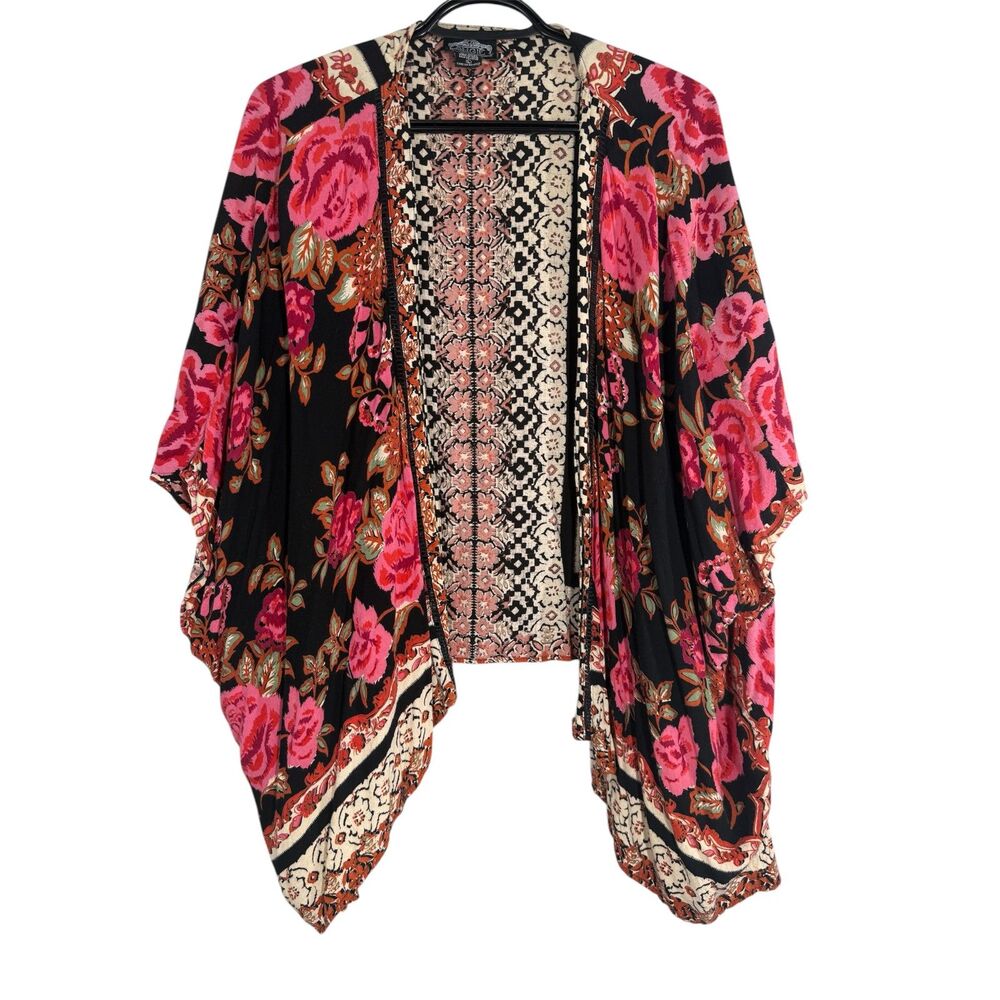 Angie Womens Floral Boxy Kimono Swim Cover Sz L Boho Vacation Coastal